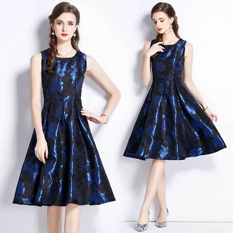 Real shot in stock new elegant slim waist color sleeveless vest jacquard dress