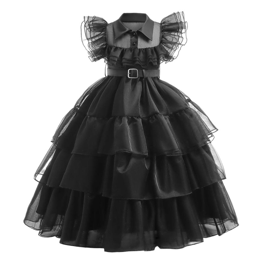 Adams Family cosPlay Dress Children's Dress Adams Black Print Dress Evening Dress