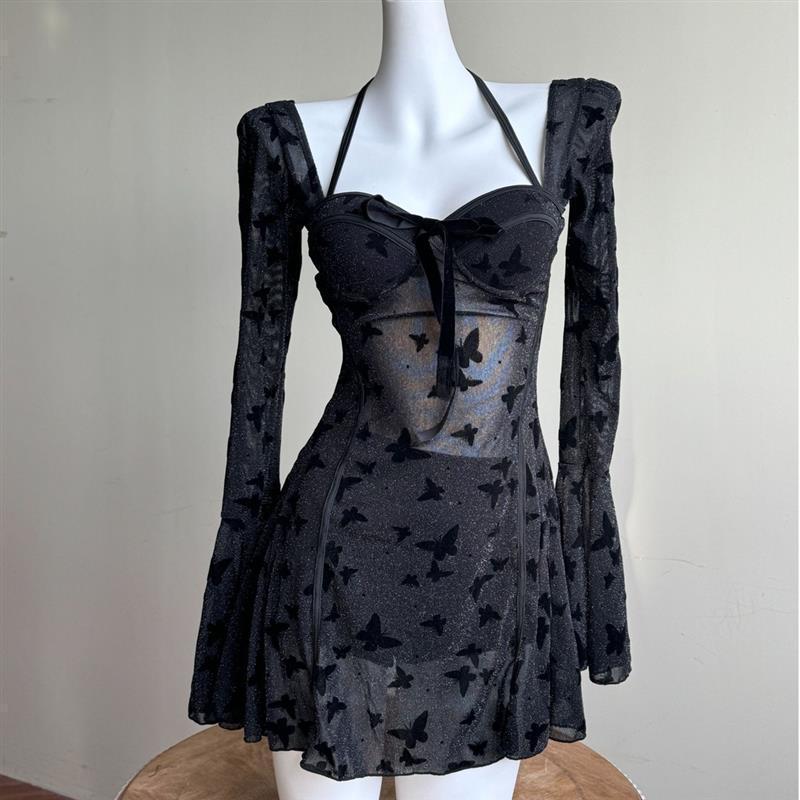 2025 New K-Style Ins Pure Lust Style Underwire Small Breast Push-Up Conservative Boxer Skirt Split Long-Sleeved Swimsuit for Women
