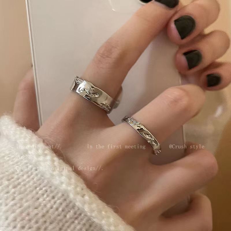 Silver Pigment Ring Zircon Open Ring Set Women's Cold Style Elegant Couple's Ring Fashion Personalized Finger Ring Fashion