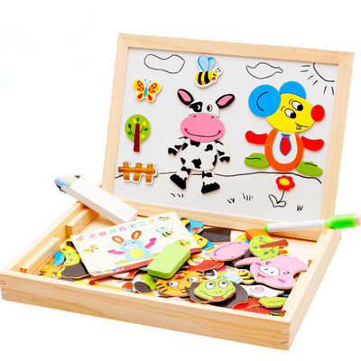 Wooden balls twelve Zodiac magnetic animal puzzle drawing board double-sided writing board wooden toys