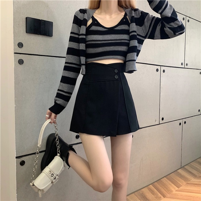 Shorts Women's Autumn Outfit Spring and Autumn High Waist Design Sense Niche Black A- Character Small Instagram Loose Wide-Leg Pants