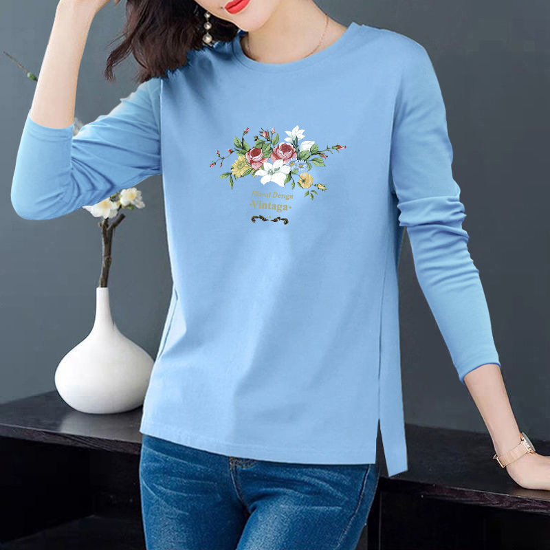 [100 Cotton] 2024 Spring New Fashion All-match T-shirt Long Sleeve Crewneck Pullover Loose Casual Base Shirt Women