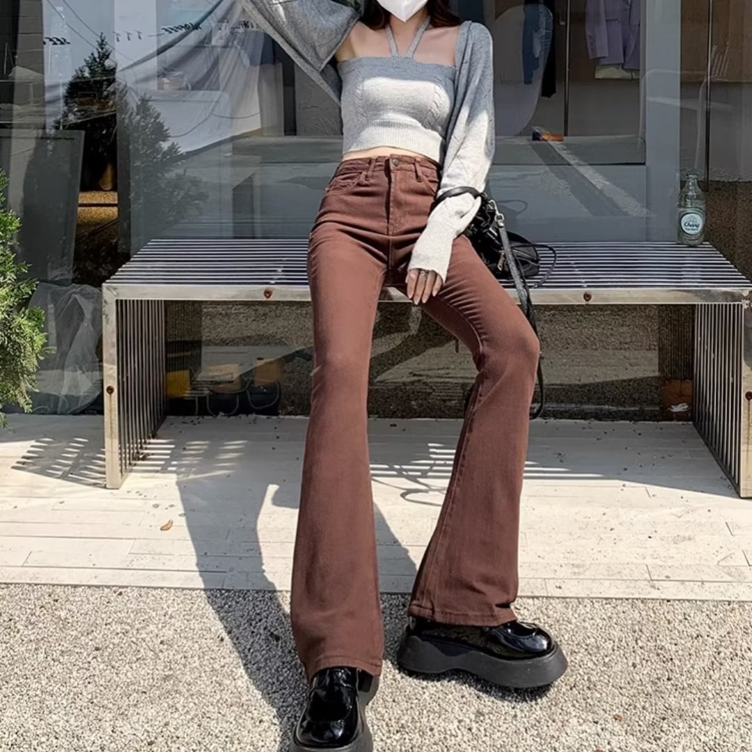 American Retro High Waist Jeans Women's Autumn Slim Brown Slight Pants 2024 New Elegant Horn Pants