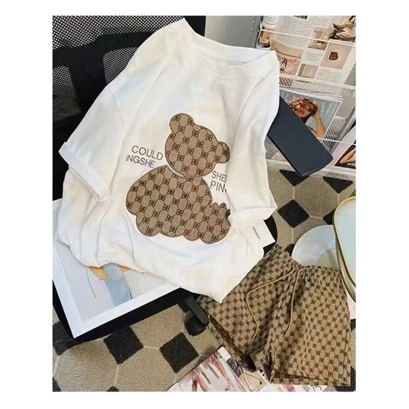Good quality-fashion embroidered suit female summer royal elder sister Net red fried street bear T-shirt shorts two-piece suit female tide