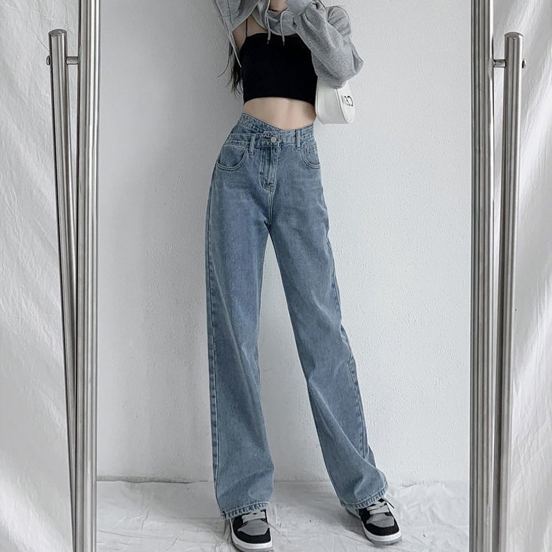 Picture of Irregular Loose Straight-Leg Jeans Women's All-Match Thin Slant Buckle High Waist Slimming Niche Wide Leg Trousers Summer