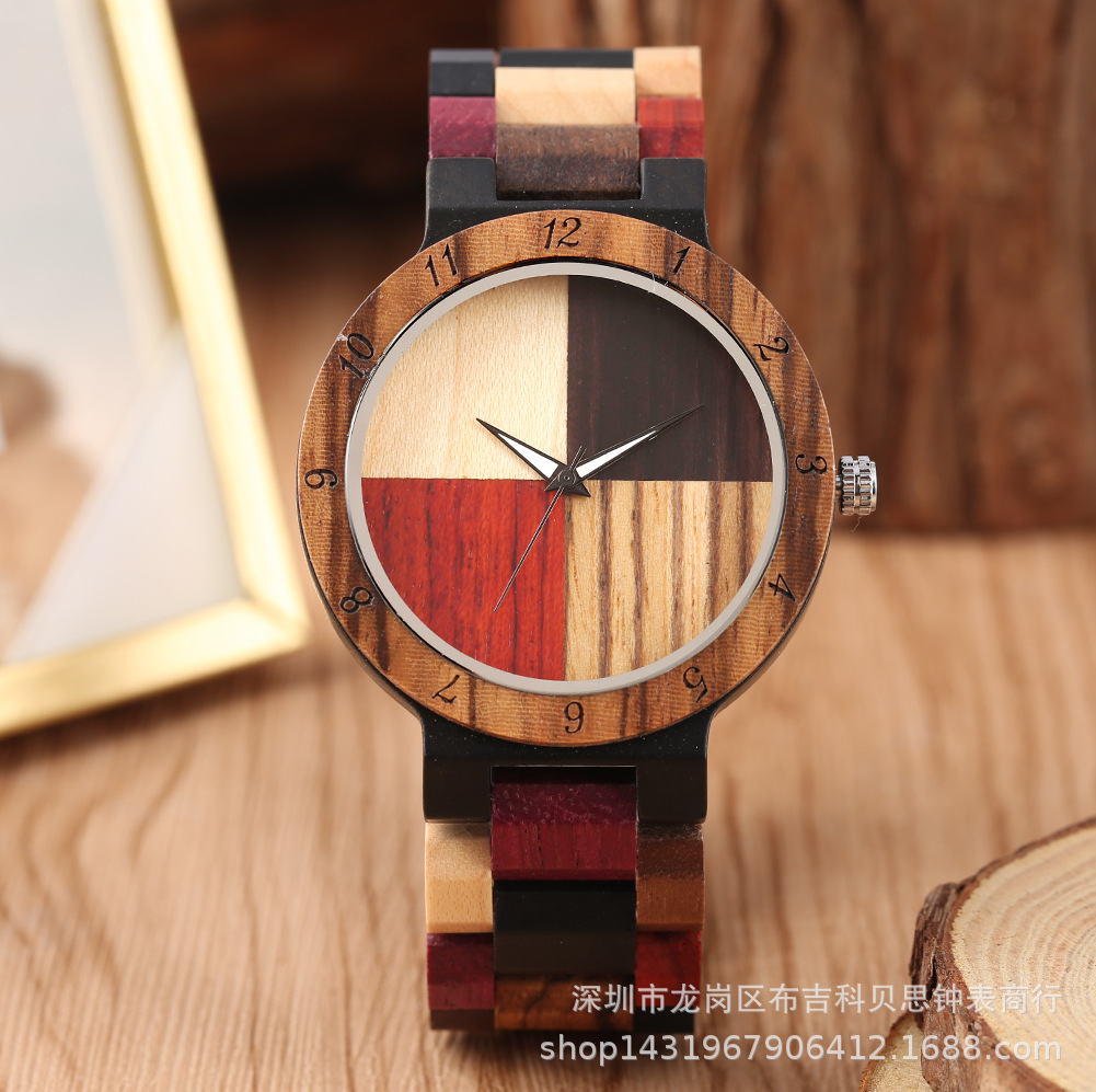 Hot Selling Wooden Watch Creative Color Digital Four Color Splicing Face Men and Women Couple Fashion Wooden Watch