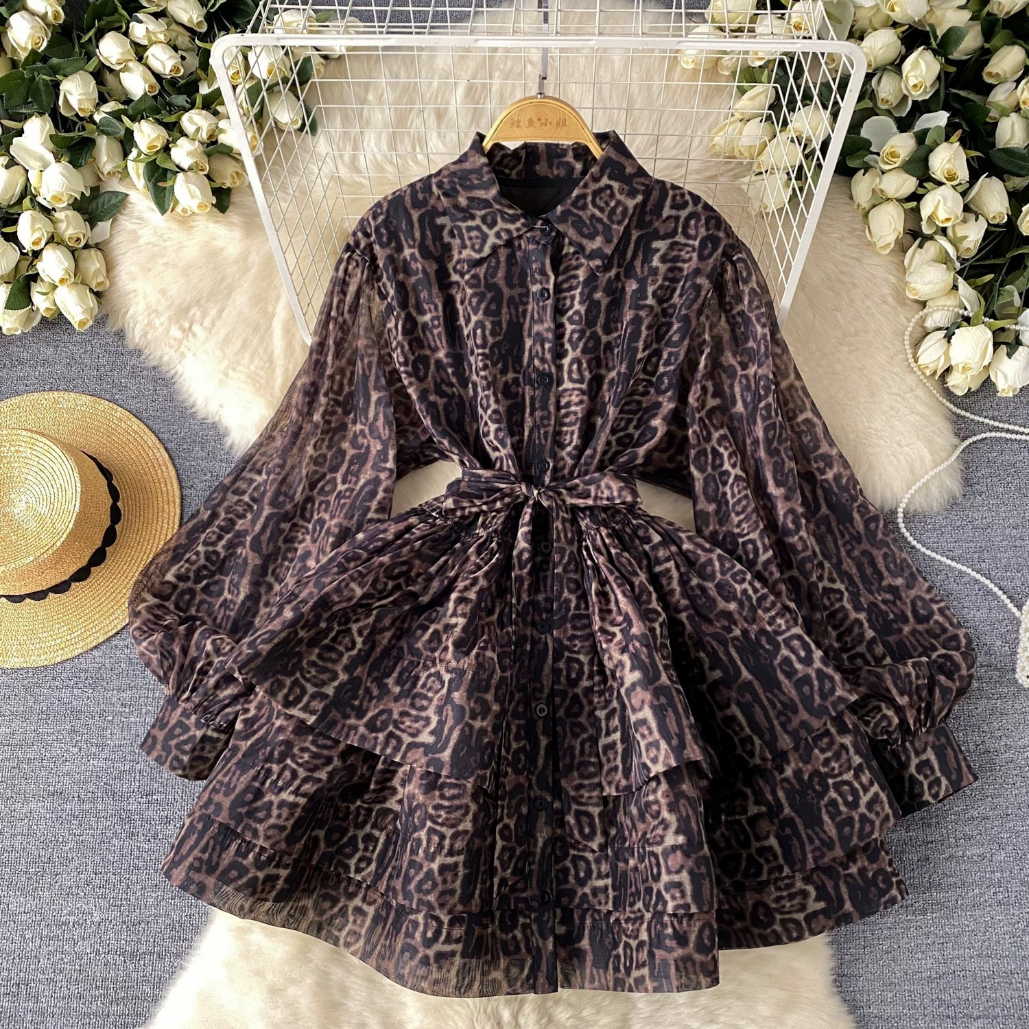 Cross Border Brown Leopard Print Puff Sleeve Tight Waist Chiffon Shirt Short Skirt Women's Summer Lapel Elegant Ladies Dress