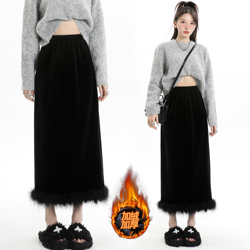 Real shot black velvet fur skirt women's 2024 autumn and winter high-end split hip dress one-step skirt
