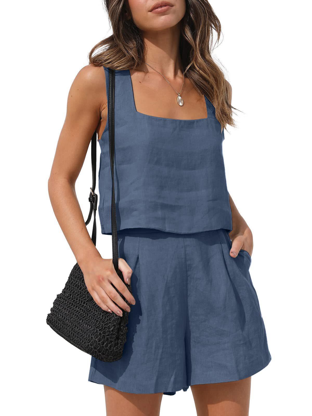 Picture of 2024 Amazon New European and American Style 2-Piece Casual Suit Linen Shorts Sleeveless Top Vest