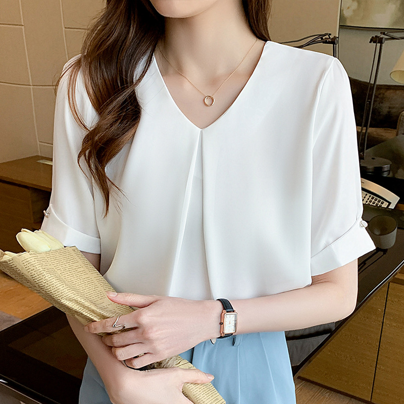 French Style V-Neck Chiffon Shirt Women's Summer Thin Design Niche Short-Sleeved Loose Satin Shirt Elegant Professional Wear