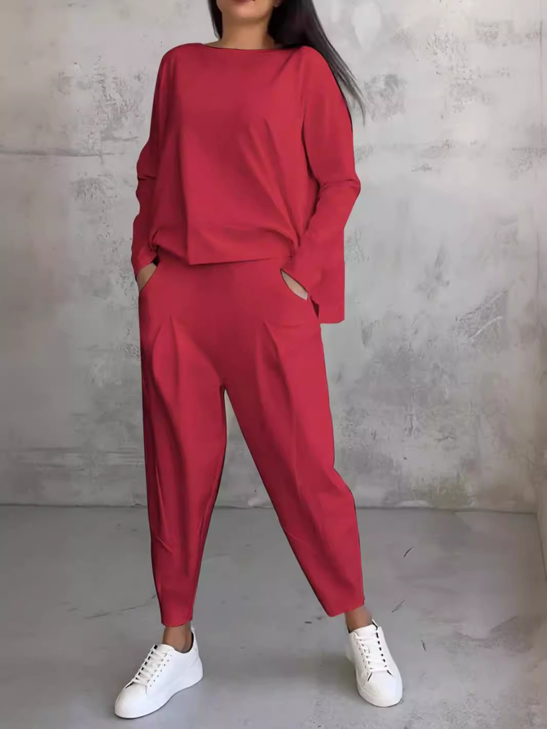 2025 Amazon European and American Cross-Border New Women's Clothing Independent Station Fast Selling Pure Color Casual Small Feet Round Neck Long Sleeves Two Pieces