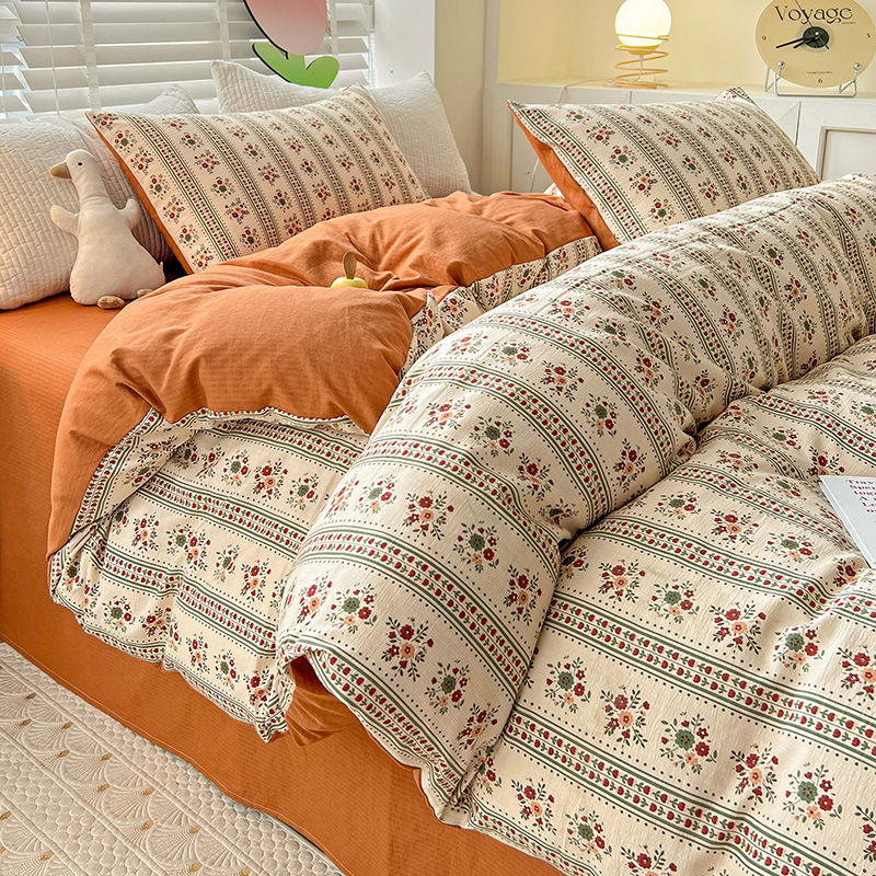 Picture of Class A Maternal and Infant Grade Fresh Small Zhu Cotton Four-piece Set Washed Cotton Bed Sheet Quilt Cover Three-piece Set for Student Dormitory