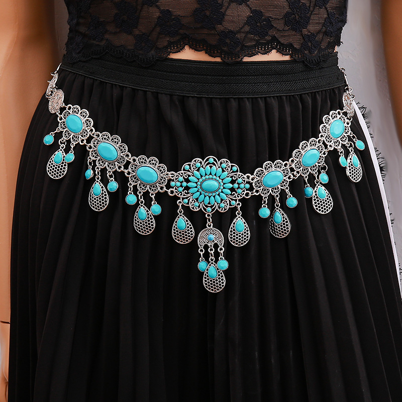 New Travel Beat Waist Chain Necklace Headwear Dunhuang Dance Fashion Tassel Clothing Accessories Carved Green Stone Inlaid Metal Fairy