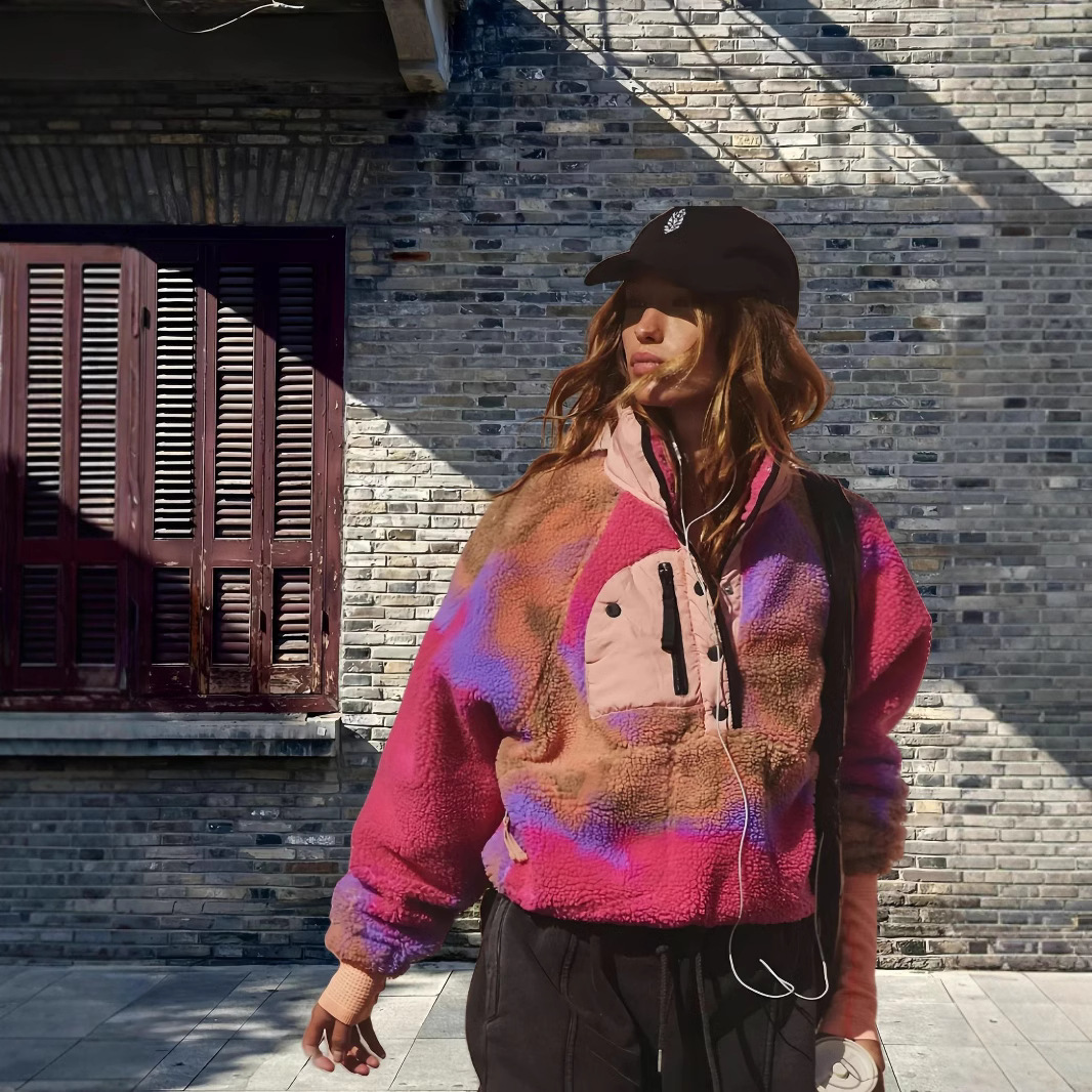 Picture of Design Lapel Stitching Contrast Polar Fleece Sweater 2024 Winter New Personality High-end Pullover Loose Top