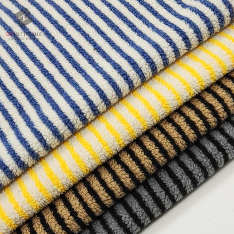 In stock thick striped jacquard lambswool warm lambswool fabric coat fleece plush fabric