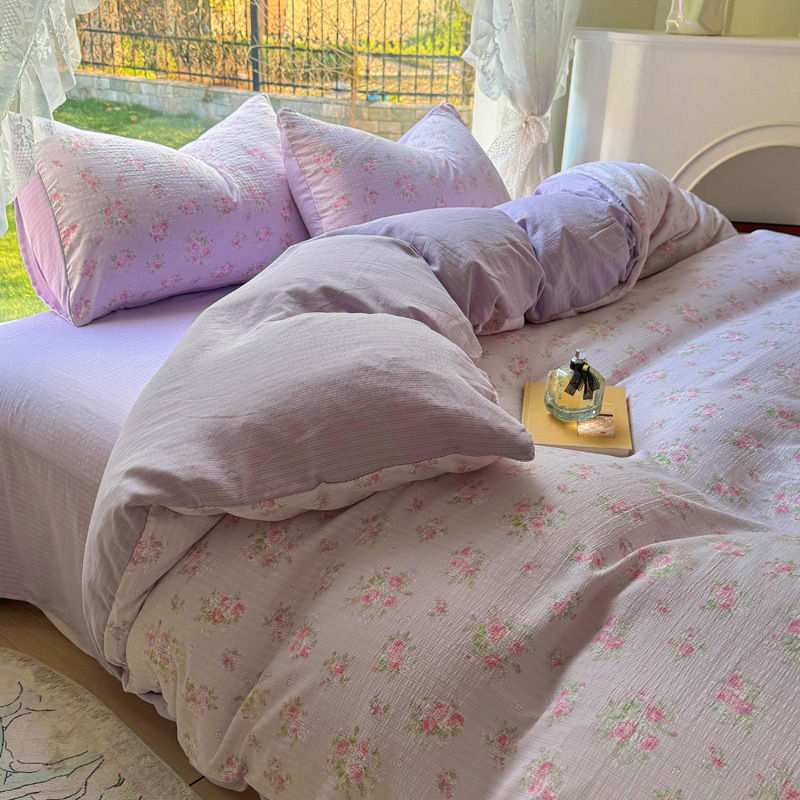 Picture of Class A Maternal and Infant Grade Fresh Small Zhu Cotton Four-piece Set Washed Cotton Bed Sheet Quilt Cover Three-piece Set for Student Dormitory
