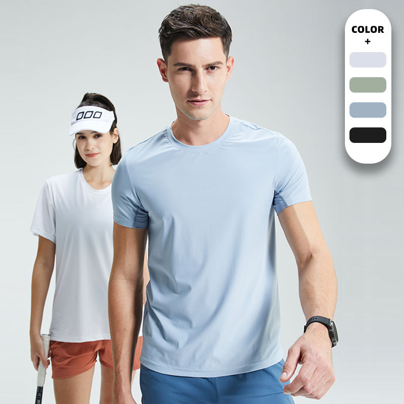Solid color stretch quick-drying T-shirt men's summer breathable mesh stitching fitness clothes running quick-drying clothes sports short sleeve men