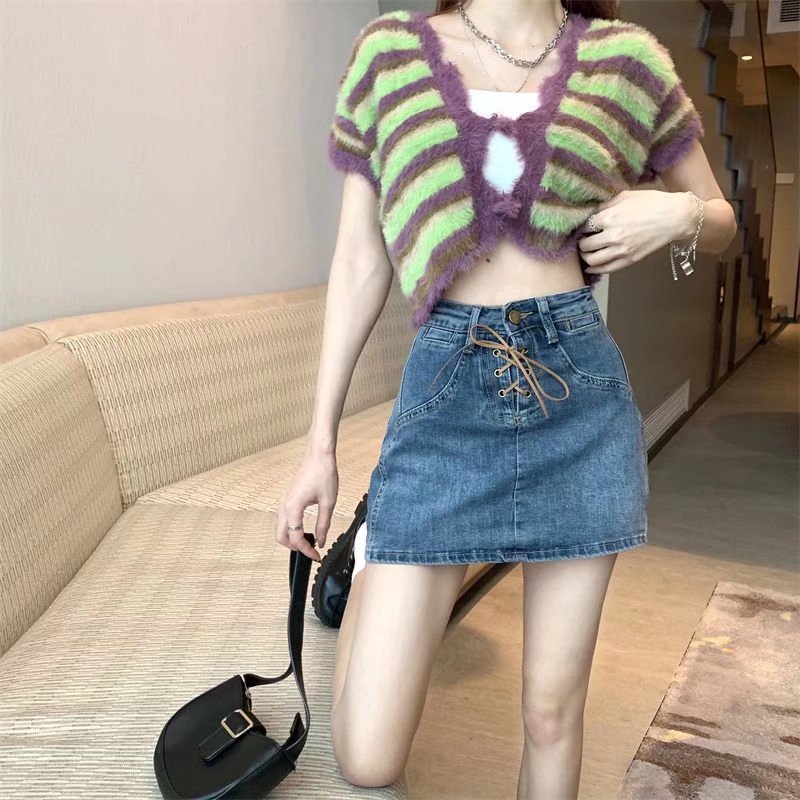 American style Denim skirt women's summer 2024 New Design lace-up retro hot girl high waist sheath short skirt