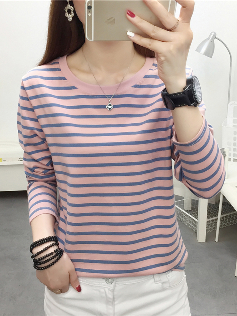Picture of Striped T-shirt Women's Long Sleeve Top Early Autumn 2024 New plus size Loose Slimming Base Shirt Striped T-shirt