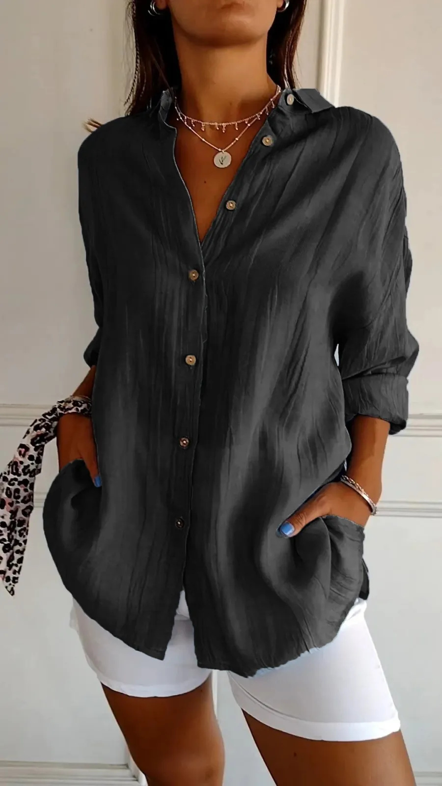 Picture of 2024 New Single-breasted Pleated Lapel Shirt Independent Station Explosions Women's Solid Color European and American Sleeve Top