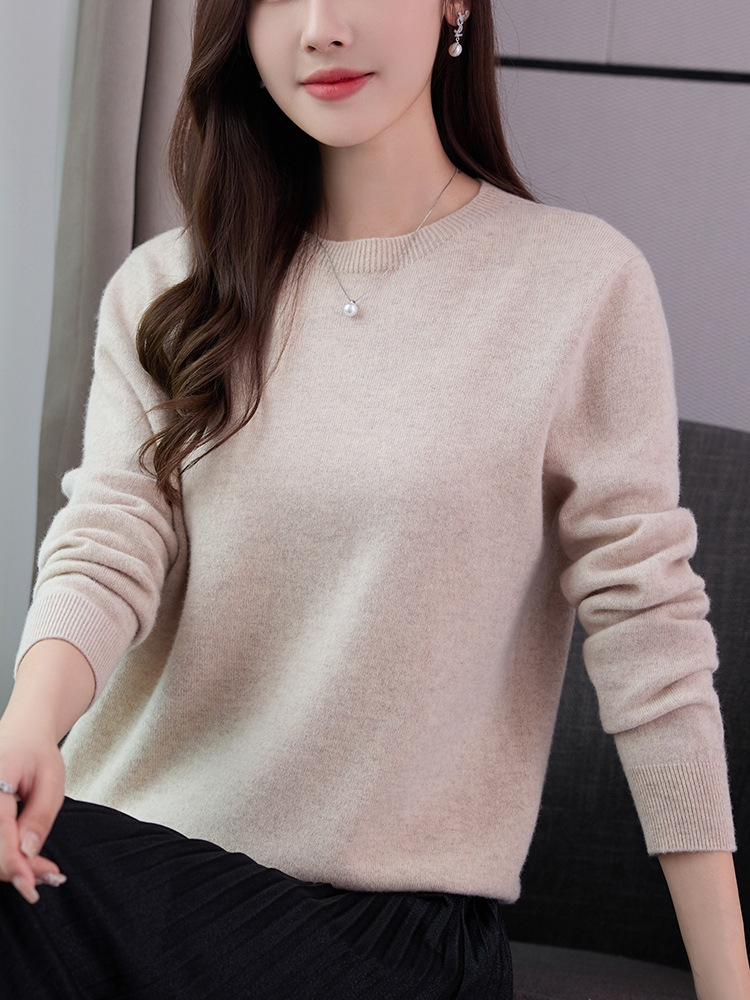 Sweater Women's Autumn and Winter One-Line Readymade Knitted Sweater Round Neck Seamless Knitted Base Shirt Pullover Long Sleeve Knitted Sweater Korean