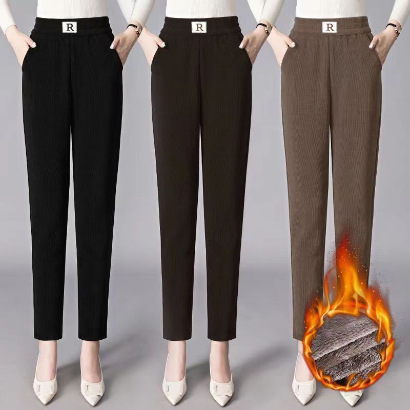 Autumn and Winter fleece-lined Thickened Chenille Hallen Pants Women's Loose plus size R Standard Casual Pants Straight Pants Pocket Corduroy Y