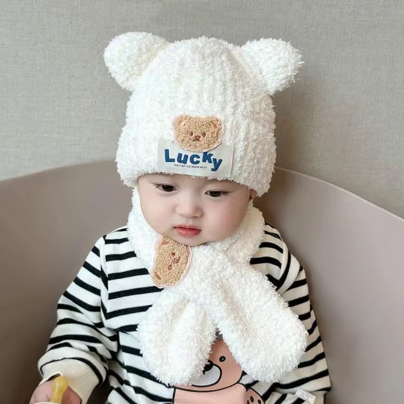 Picture of Winter New Baby Hat Baby Hat Children's Warm Knitted Plush One Hat Two-piece Set for Boys and Girls