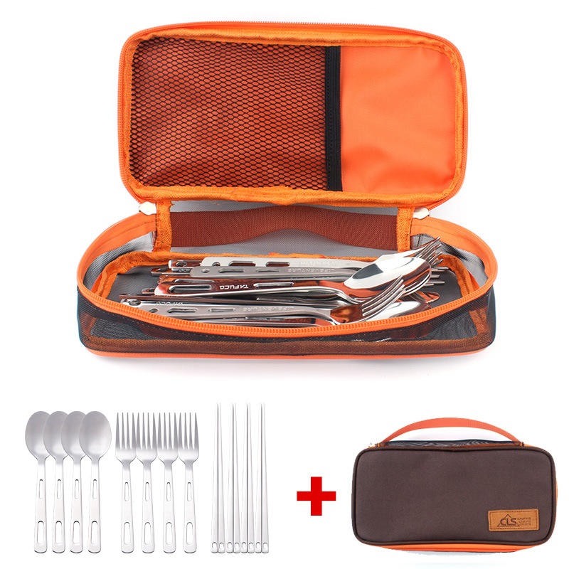 Picture of Outdoor Tableware Set Camping Barbecue 4 Person Tableware Portable Stainless Steel Spoon Chopsticks Fork Travel picnic bag