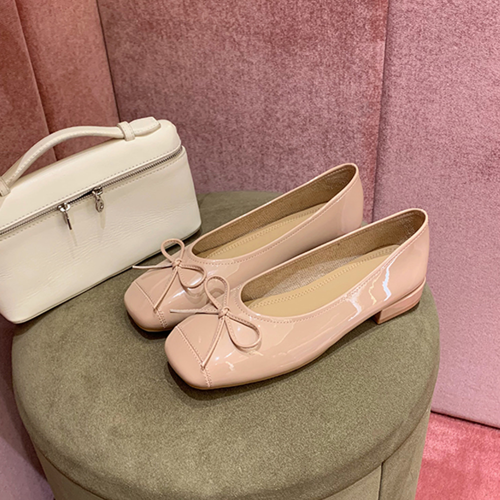 Grape Mom studiolee Sweet Elegant Versatile Bow Square Toe Small Thick Heel Shallow Mouth Ballet Style Flats for Women