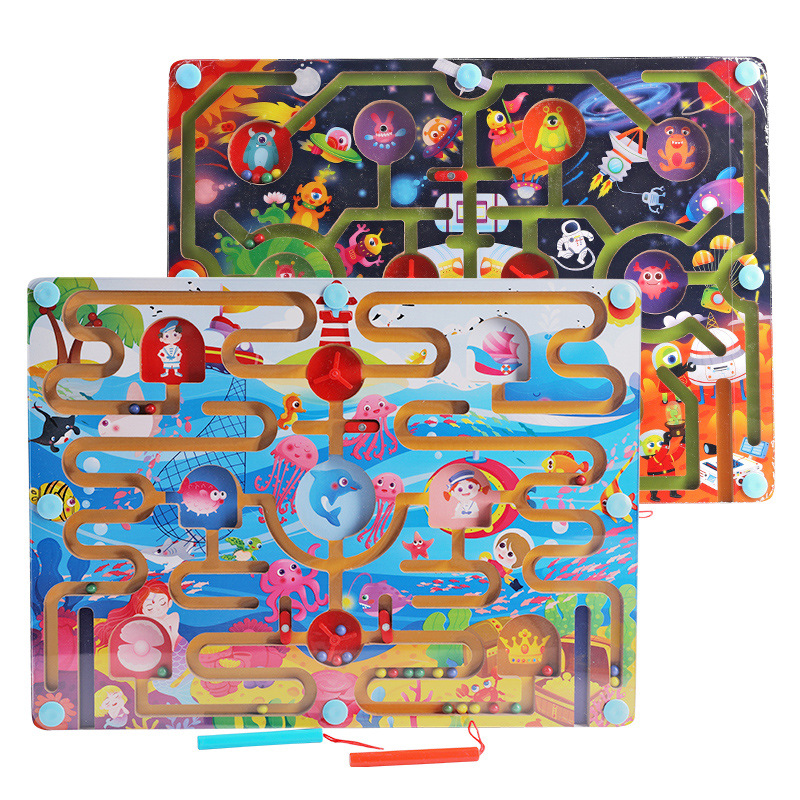 Picture of Wooden balls children's wooden magnetic pen walking bead maze space ocean ring track educational toys wholesale