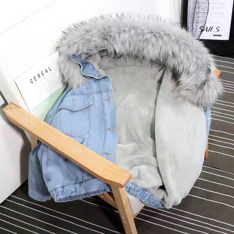 Picture of 2025 Autumn and Winter New Denim Jacket Women's Korean Style Loose Female Student Plus Velvet Thickened Large Fur Collar Hooded Jacket Women