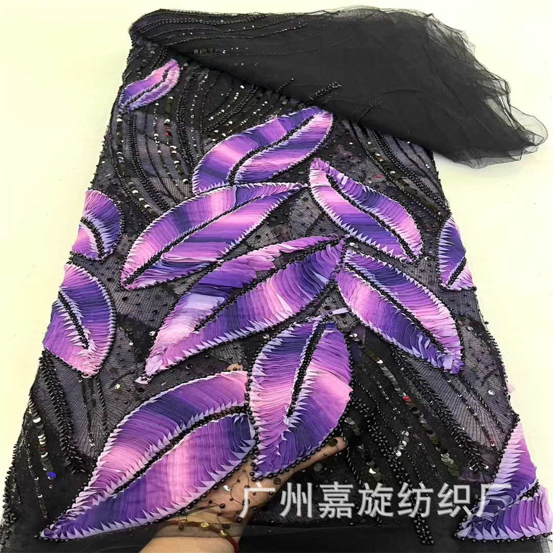 Single-sided 3D digital print large leaf bead tube sequin embroidery Buchburn-style wedding dress performance dress fabric