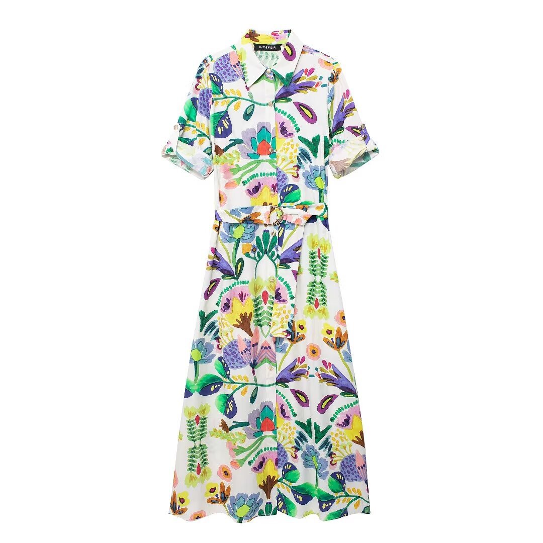 2024 European and American Style Spring Women's New Flower Printed Poplin Shirt Style dress 945973
