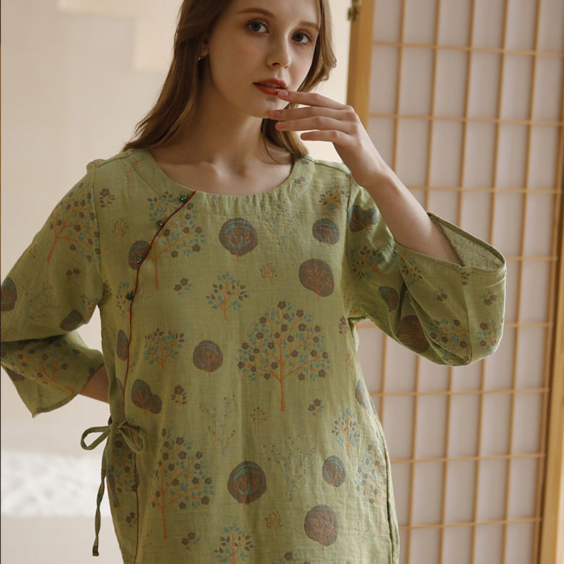 Women's Four Seasons Cotton Gauze Pajamas Women's Antique Leaf Printed Long Sleeve Round Neck Home Clothes suit