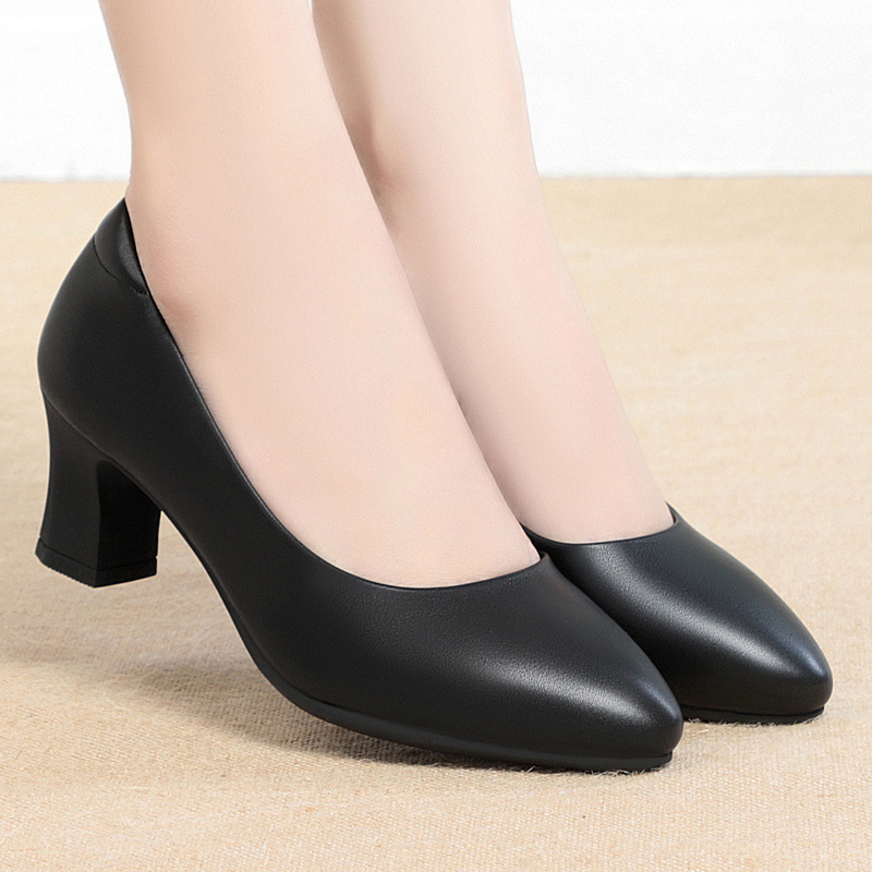 Summer Stewardess Long Station Work Shoes Black Interview Hotel Professional Shoes Soft Bottom Leather Shoes High Heels Thick Heel Single Shoes for Women