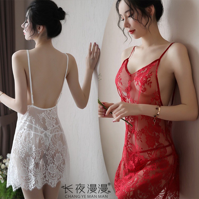 New Sexy Lingerie Sexy Pajamas Backless Transparent Large Size Sling Lace Eyelash Nightdress Summer Hollow Backless