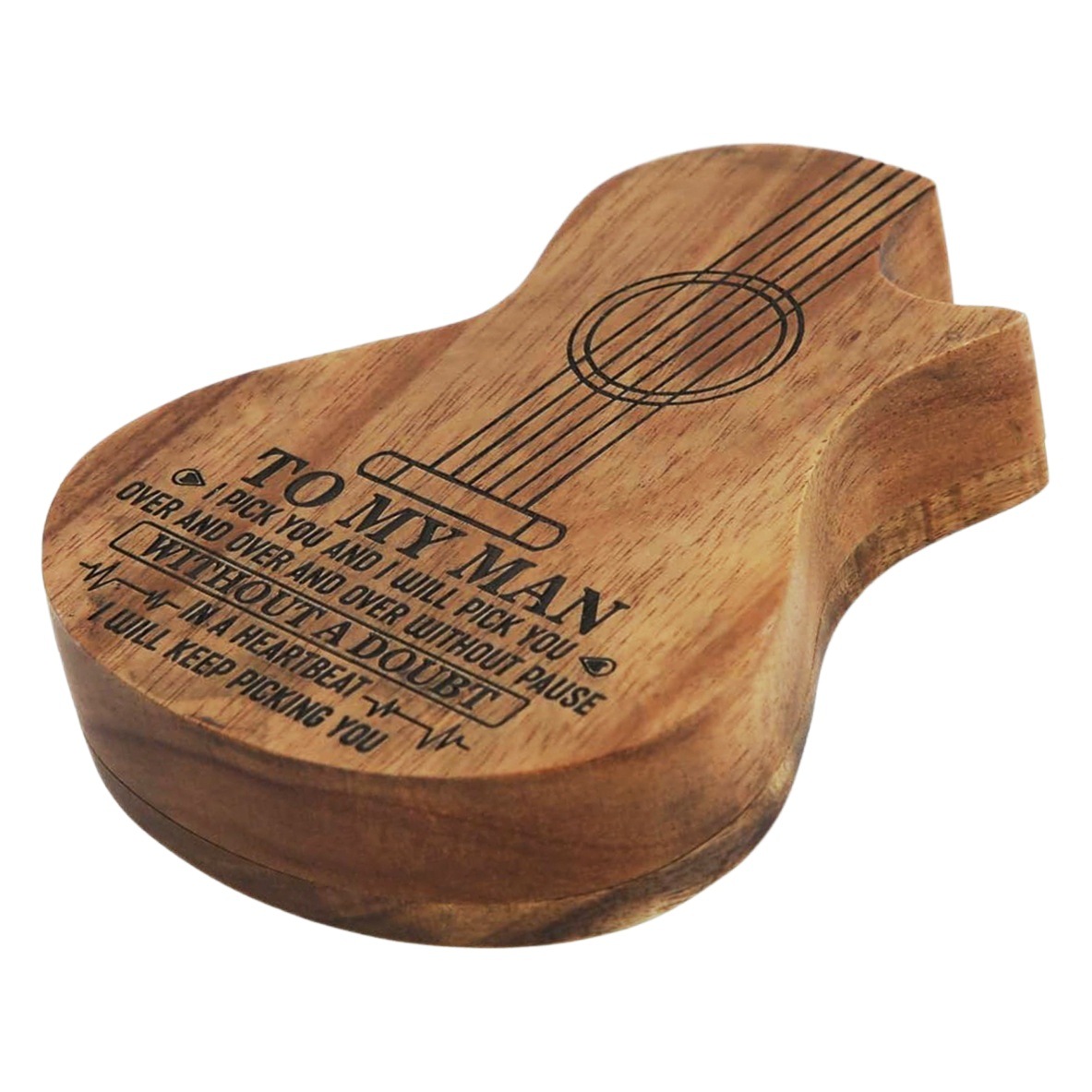 Wooden carving guitar pick box storage box with 3 pieces pick musical instrument accessories gift (To My Man)