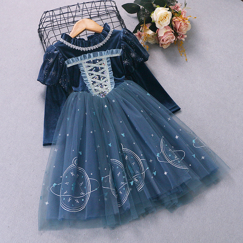 Picture of Blue Velvet Elsa Dress for Girls with Mesh Skirt and Star Details, Sweet Princess Style, Elegant Haute Couture Dress