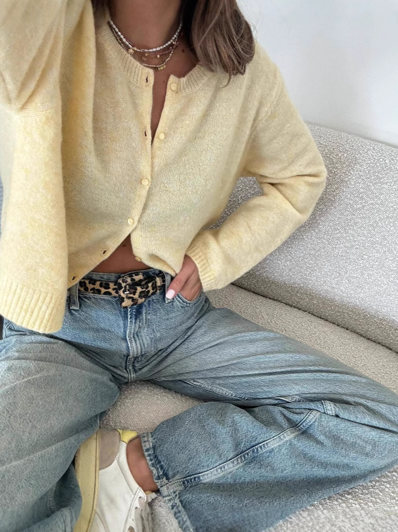 2024 Autumn and Winter New Solid Color Thread Round Neck Knit Sweater Women's Simple Casual All-match Buckle Cardigan Woolen Jacket