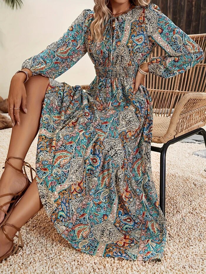 New Cross-border Autum Retro Floral Dress Amazon Women's European and American Print v-neck Dress Lace-up