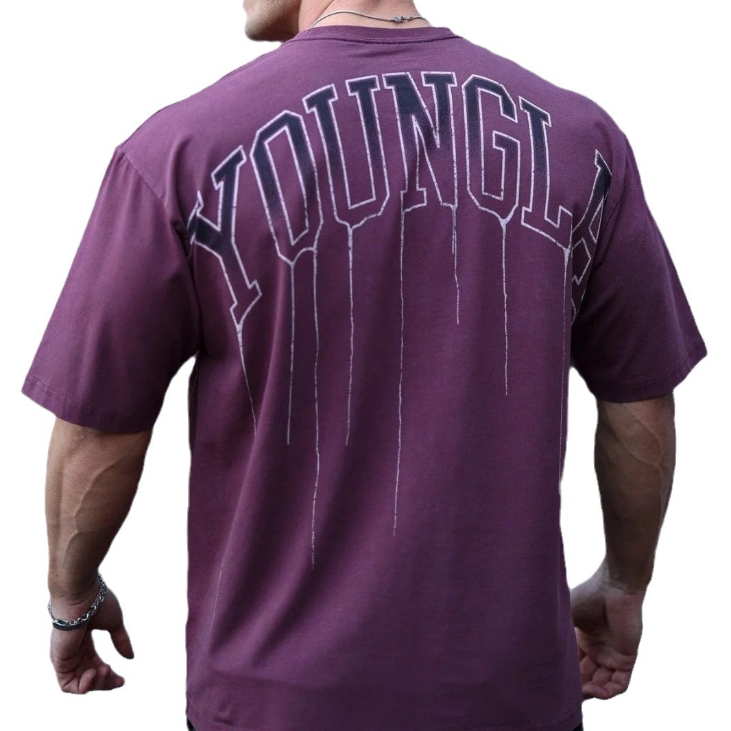 Picture of YOUNGLA Men's Oversized T-Shirt Cotton Round Neck Loose Short Sleeve Gym Sports Fitness T-Shirt 240 Fabric