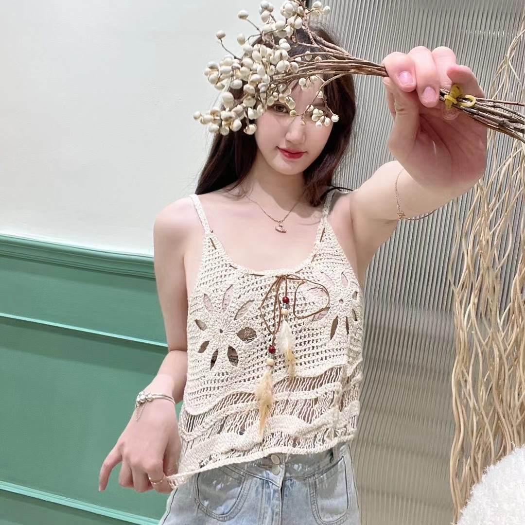 2022 Hot Spring Sexy Bow Hollow Strap Backless Camisole Vest Lace Shirt Base Top Sanya