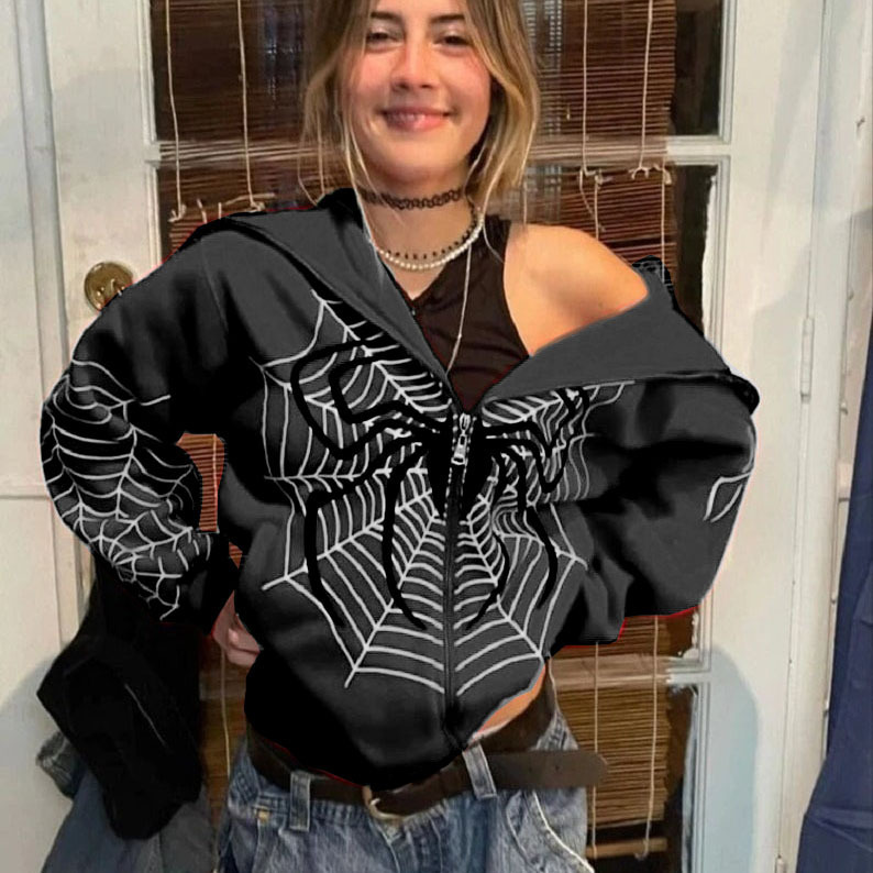 2024 cross-border spider web zipper sweater women's casual trendy hoodie spring and autumn fleece American coat