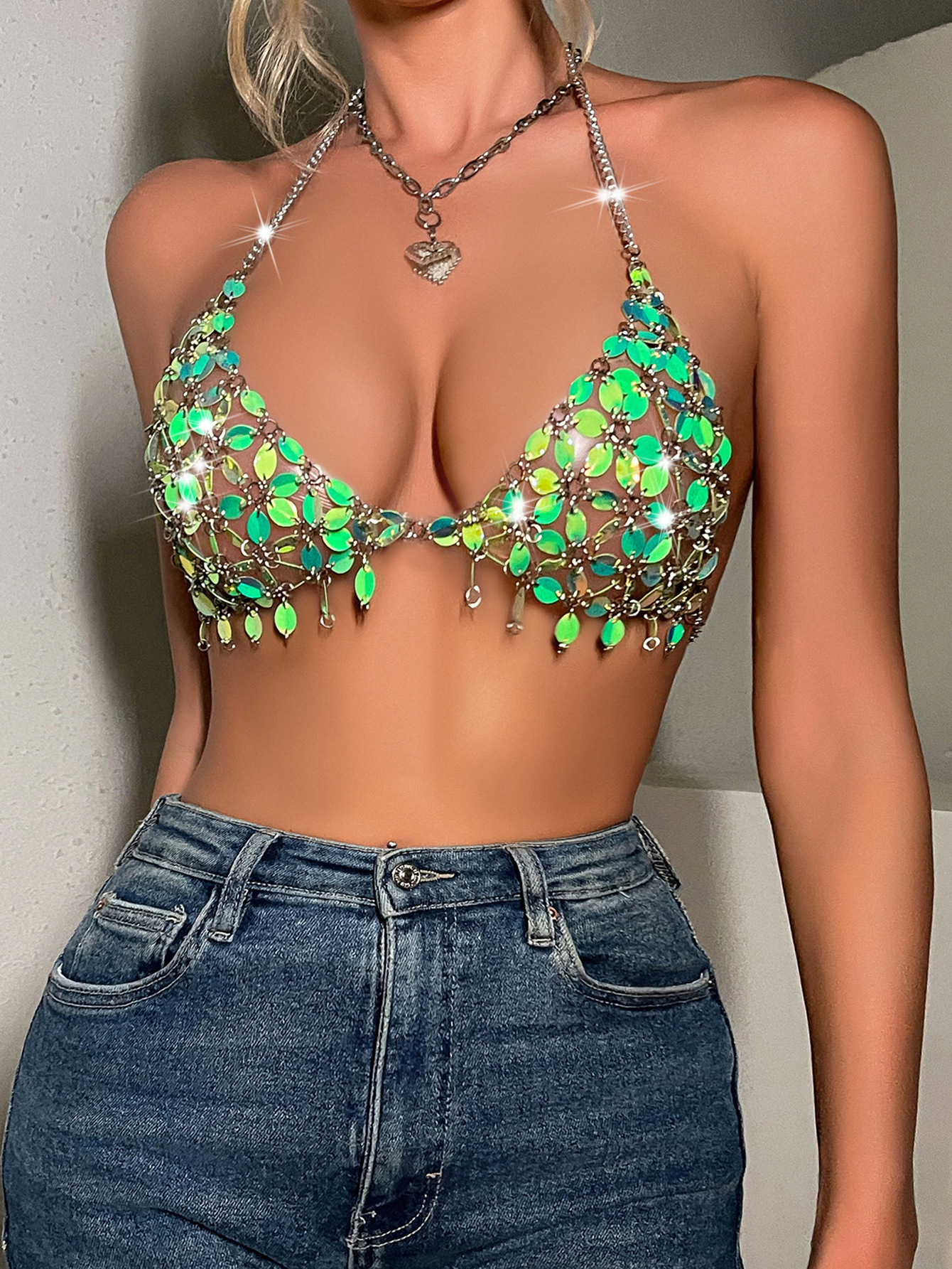 European and American Amazon Beach Sexy Handmade Glowing Leaf Halter Camisole Top for Women Xy21381