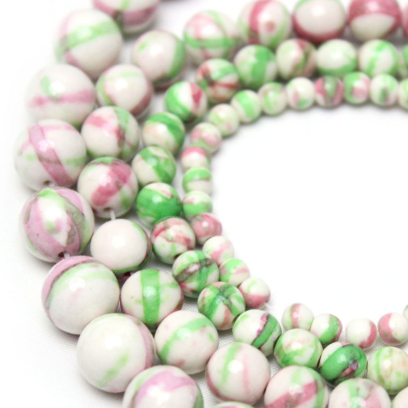 Picture of Pink green white rain colored stone round beads diy handmade beaded bracelet jewelry accessories woven material loose beads wholesale