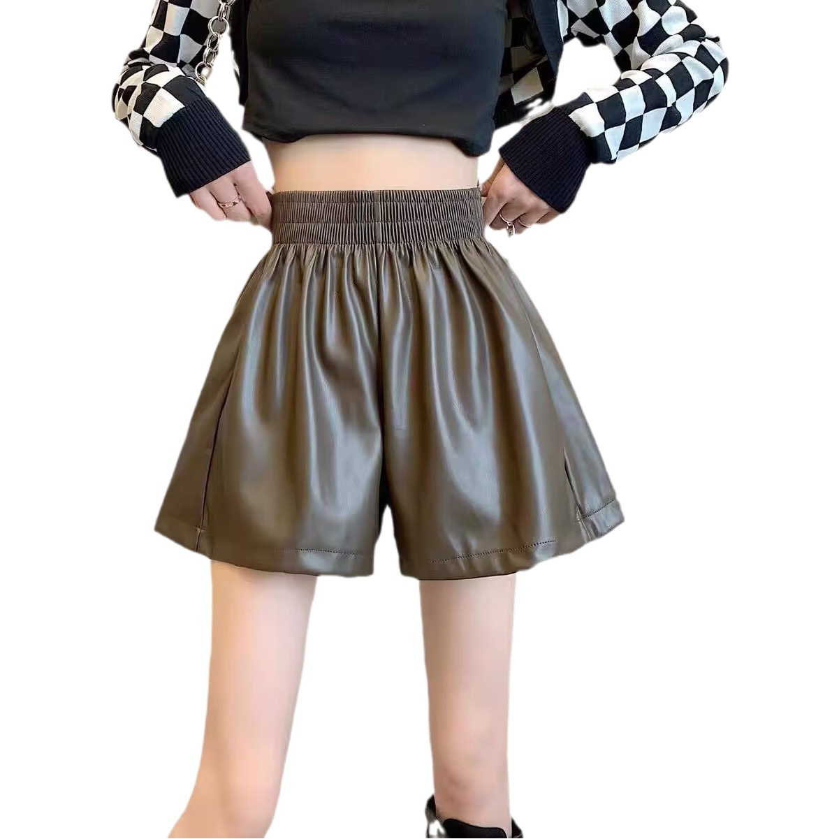 Pu Leather Shorts 2025 Autumn and Winter New Style Small Elastic High Waist Slimming Look A-Line Leather Pants Wide Leg Casual Pants