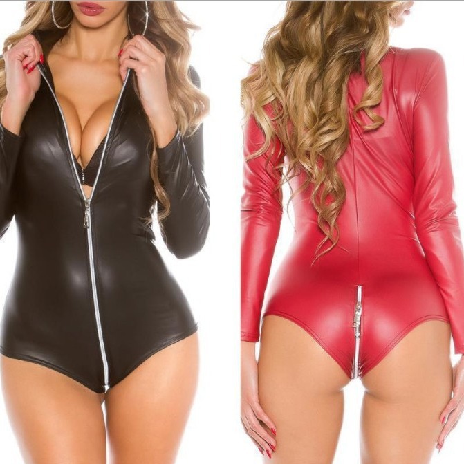 Foreign trade European and American hot sexy lingerie women's sexy temptation multi-color patent leather tight open one-piece clothes