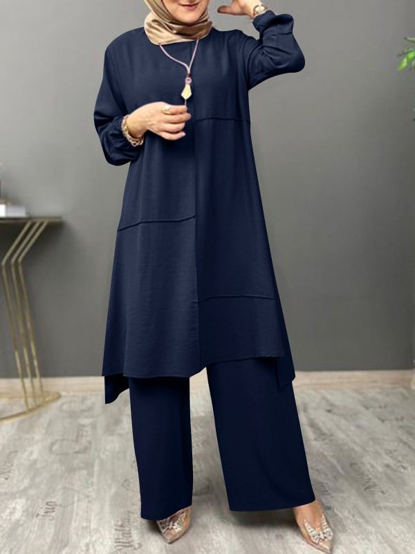 Picture of Muslim Women's Urban Sportswear Two-Piece Elegant Puff Sleeve Shirt Loose Fashionable Wide Leg Pants Suit