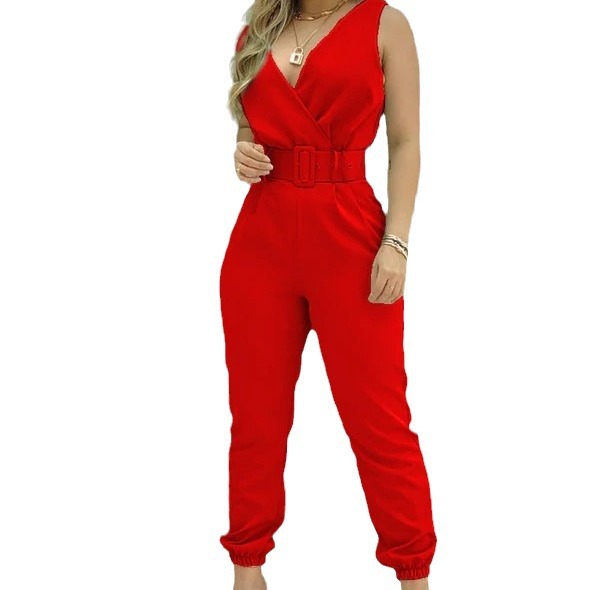 Picture of Spring and summer 2022 new independent station Europe and the United States cross-border V-neck backless printed high waist jumpsuit women (including Belt)